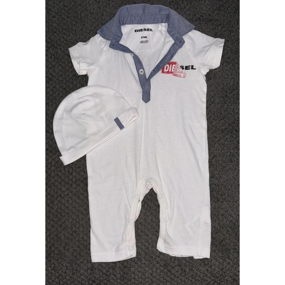 Diesel Baby Romper 6/9M White Graphic Snap One Piece Designer Infant Outfit Hat